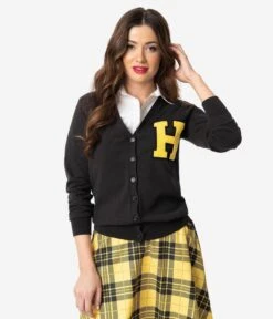 Unique Vintage 1950s Black & Yellow Hannah Letterman Cardigan -Pleaser Clothing Store unique vintage 1950s black yellow hannah letterman cardigan 434318