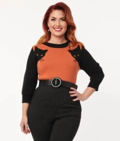 Unique Vintage 1950s Burnt Orange & Black Cat Sleeve Minou Sweater -Pleaser Clothing Store unique vintage 1950s burnt orange black cat sleeve minou sweater 500692