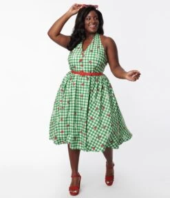 Unique Vintage 1950s Green Gingham Ladybug Halter Swing Dress -Pleaser Clothing Store unique vintage 1950s green gingham ladybug halter swing dress 858692