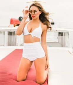 Unique Vintage 1950s Solid White Monroe Halter Swim Top -Pleaser Clothing Store unique vintage 1950s solid white monroe halter swim top 699377