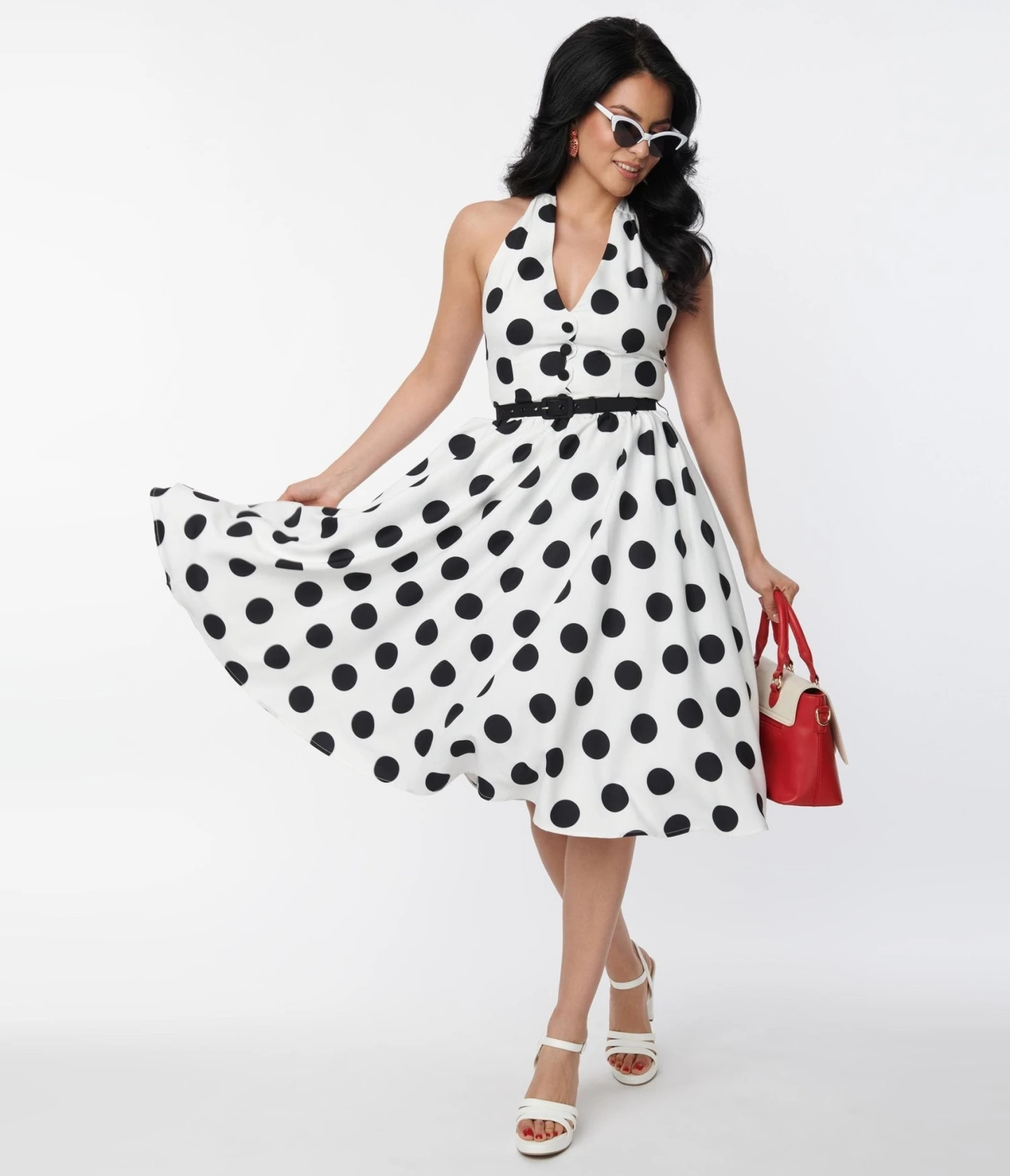 Unique Vintage 1950s White & Black Dot Halter Swing Dress 1 Unique Vintage 1950s White & Black Dot Halter Swing Dress