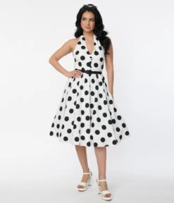 Unique Vintage 1950s White & Black Dot Halter Swing Dress 9 Unique Vintage 1950s White & Black Dot Halter Swing Dress -Pleaser Clothing Store unique vintage 1950s white black dot halter swing dress 723055