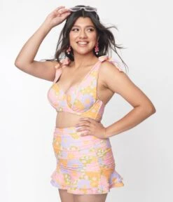 Unique Vintage Avocado & Multicolor Daisy Print Totally Tied Up Swim Top -Pleaser Clothing Store unique vintage avocado multicolor daisy print totally tied up swim top 801661