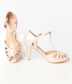 Unique Vintage Beige Patent Leatherette T-Strap Everly Pumps -Pleaser Clothing Store unique vintage beige patent leatherette t strap everly pumps 573688