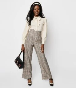 Unique Vintage Beige Plaid Buttoned Wide Leg Trousers