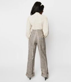 Unique Vintage Beige Plaid Buttoned Wide Leg Trousers -Pleaser Clothing Store unique vintage beige plaid buttoned wide leg trousers 890824
