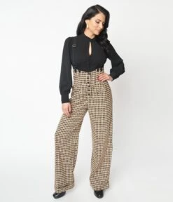Unique Vintage Black & Beige Plaid Thelma Suspender Pants -Pleaser Clothing Store unique vintage black beige plaid thelma suspender pants 179537