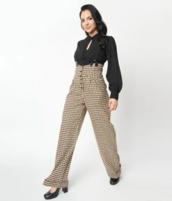 Unique Vintage Black & Beige Plaid Thelma Suspender Pants -Pleaser Clothing Store unique vintage black beige plaid thelma suspender pants 761637