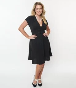 Unique Vintage Black Belted Swing Dress -Pleaser Clothing Store unique vintage black belted swing dress 937239