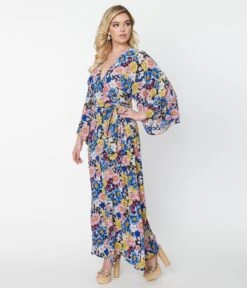 Unique Vintage Black & Blue Floral Wrap Maxi Dress