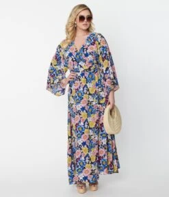 Unique Vintage Black & Blue Floral Wrap Maxi Dress -Pleaser Clothing Store unique vintage black blue floral wrap maxi dress 467844