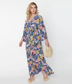 Unique Vintage Black & Blue Floral Wrap Maxi Dress -Pleaser Clothing Store unique vintage black blue floral wrap maxi dress 554414