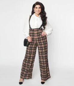 Unique Vintage Black & Burgundy Plaid High Waist Suspender Pants -Pleaser Clothing Store unique vintage black burgundy plaid high waist suspender pants 121023