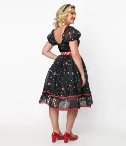 Unique Vintage Black Candy Cane Sprinkles Swing Dress -Pleaser Clothing Store unique vintage black candy cane sprinkles swing dress 188306