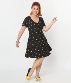 Unique Vintage Black Candy Corn Print Poppy Flare Dress -Pleaser Clothing Store unique vintage black candy corn print poppy flare dress 296298