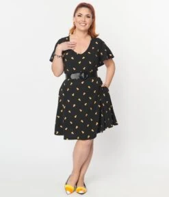 Unique Vintage Black Candy Corn Print Poppy Flare Dress -Pleaser Clothing Store unique vintage black candy corn print poppy flare dress 797938