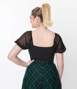 Unique Vintage Black Clip Dot Chiffon Puff Sleeve Bodysuit -Pleaser Clothing Store unique vintage black clip dot chiffon puff sleeve bodysuit 624338