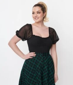 Unique Vintage Black Clip Dot Chiffon Puff Sleeve Bodysuit