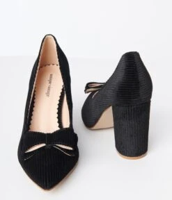 Unique Vintage Black Corduroy Bow Pump -Pleaser Clothing Store unique vintage black corduroy bow pump 409339