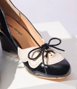 Unique Vintage Black & Cream Oxford Wedges -Pleaser Clothing Store unique vintage black cream oxford wedges 251718