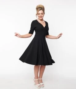 Unique Vintage Black Delores Swing Dress With Sleeves -Pleaser Clothing Store unique vintage black delores swing dress with sleeves 325822