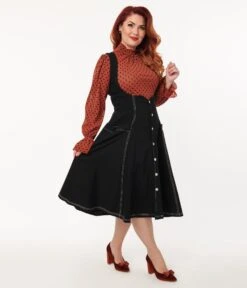 Unique Vintage Black Denim Button Suspender Swing Skirt 10 Unique Vintage Black Denim Button Suspender Swing Skirt -Pleaser Clothing Store unique vintage black denim button suspender swing skirt 748719