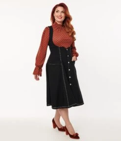 Unique Vintage Black Denim Button Suspender Swing Skirt 9 Unique Vintage Black Denim Button Suspender Swing Skirt -Pleaser Clothing Store unique vintage black denim button suspender swing skirt 816539