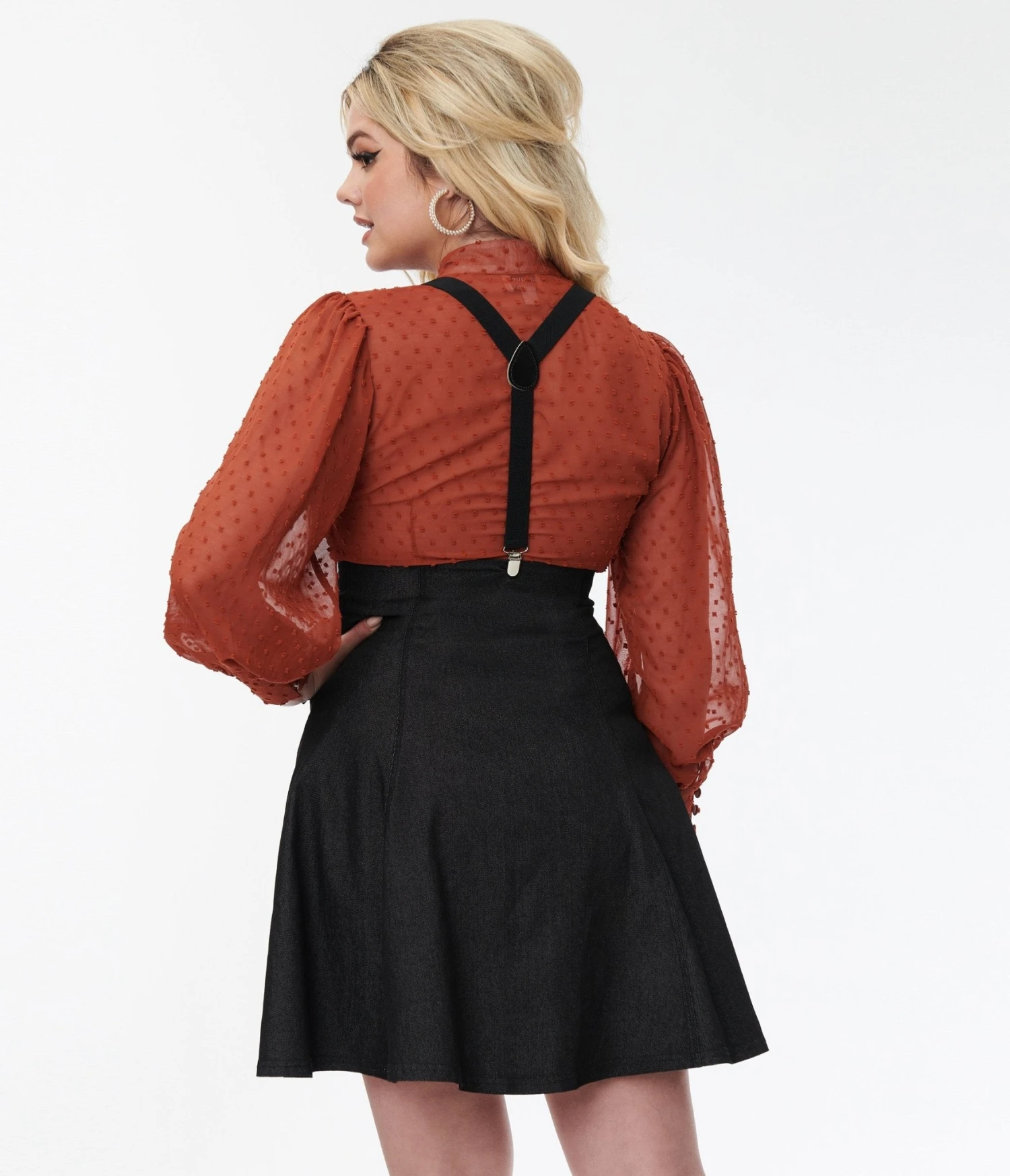 Unique Vintage Black Denim Suspender Flare Skirt 2 Unique Vintage Black Denim Suspender Flare Skirt - Image 2