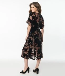 Unique Vintage Black Floral Velvet Wrap Midi Dress -Pleaser Clothing Store unique vintage black floral velvet wrap midi dress 468850