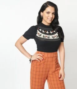 Unique Vintage Black Halloween Fair Isle Paige Sweater -Pleaser Clothing Store unique vintage black halloween fair isle paige sweater 154655