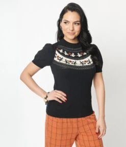 Unique Vintage Black Halloween Fair Isle Paige Sweater -Pleaser Clothing Store unique vintage black halloween fair isle paige sweater 753716