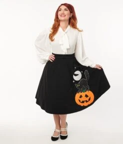 Unique Vintage Black Halloween Music Box Soda Shop Swing Skirt -Pleaser Clothing Store unique vintage black halloween music box soda shop swing skirt 201049