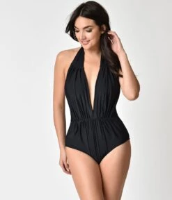 Unique Vintage Black Halter Shirred Derek One Piece Swimsuit -Pleaser Clothing Store unique vintage black halter shirred derek one piece swimsuit 123205