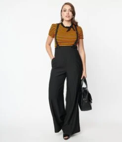 Unique Vintage Black High Waist Suspender Pants