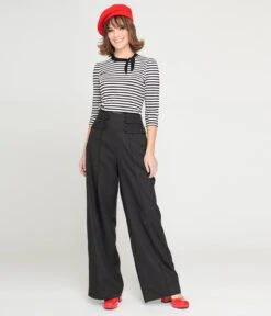 Unique Vintage Black High Waist Wide Leg Tab Pants