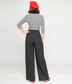 Unique Vintage Black High Waist Wide Leg Tab Pants -Pleaser Clothing Store unique vintage black high waist wide leg tab pants 585581