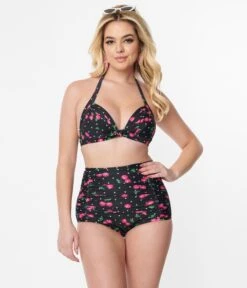 Unique Vintage Black & Hot Pink Cherry Pin Dot Monroe Swim Top -Pleaser Clothing Store unique vintage black hot pink cherry pin dot monroe swim top 750556