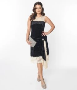 Unique Vintage Black & Ivory Velvet Lace Flapper Dress