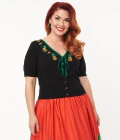 Unique Vintage Black June-O-Ween Embroidered Cropped Dandy Cardigan -Pleaser Clothing Store unique vintage black june o ween embroidered cropped dandy cardigan 919238