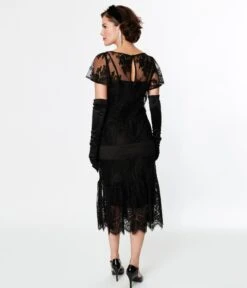 Unique Vintage Black Lace & Bow Flapper Dress -Pleaser Clothing Store unique vintage black lace bow flapper dress 212118