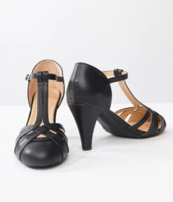 Unique Vintage Black Leatherette Woven T-Strap Heels -Pleaser Clothing Store unique vintage black leatherette woven t strap heels 259901