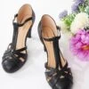 Unique Vintage Black Leatherette Woven T-Strap Heels