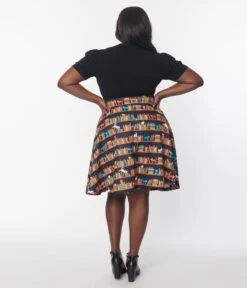 Unique Vintage Black Library Cats Buttoned Swing Skirt -Pleaser Clothing Store unique vintage black library cats buttoned swing skirt 699032