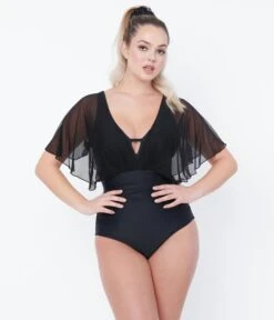 Unique Vintage Black Mesh Sleeved Torrey Swimsuit -Pleaser Clothing Store unique vintage black mesh sleeved torrey swimsuit 160529