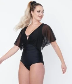 Unique Vintage Black Mesh Sleeved Torrey Swimsuit -Pleaser Clothing Store unique vintage black mesh sleeved torrey swimsuit 498732