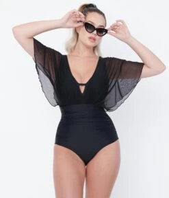 Unique Vintage Black Mesh Sleeved Torrey Swimsuit -Pleaser Clothing Store unique vintage black mesh sleeved torrey swimsuit 575507