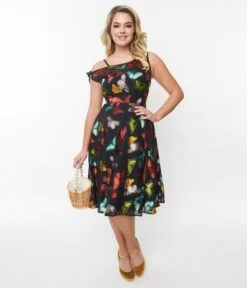 Unique Vintage Black & Multi Butterfly Swing Dress