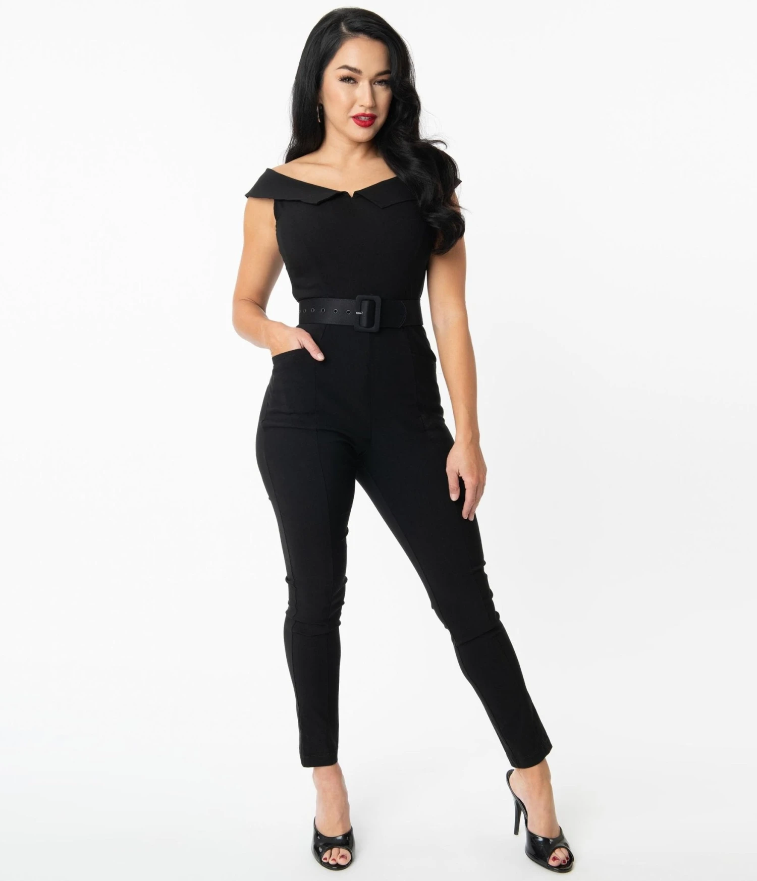 Unique Vintage Black Off Shoulder Gillian Jumpsuit 1 Unique Vintage Black Off Shoulder Gillian Jumpsuit