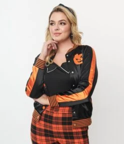 Unique Vintage Black & Orange Scream Queen Satin Bomber Jacket -Pleaser Clothing Store unique vintage black orange scream queen satin bomber jacket 931628