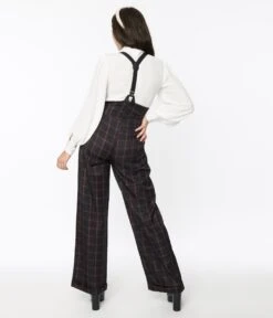 Unique Vintage Black & Orange Windowpane Thelma Suspender Pants -Pleaser Clothing Store unique vintage black orange windowpane thelma suspender pants 656730